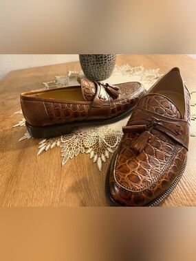 Men’s Johnston & Murphy Leather Tassel Loafers Croc Pattern 9.5 M made in Italy